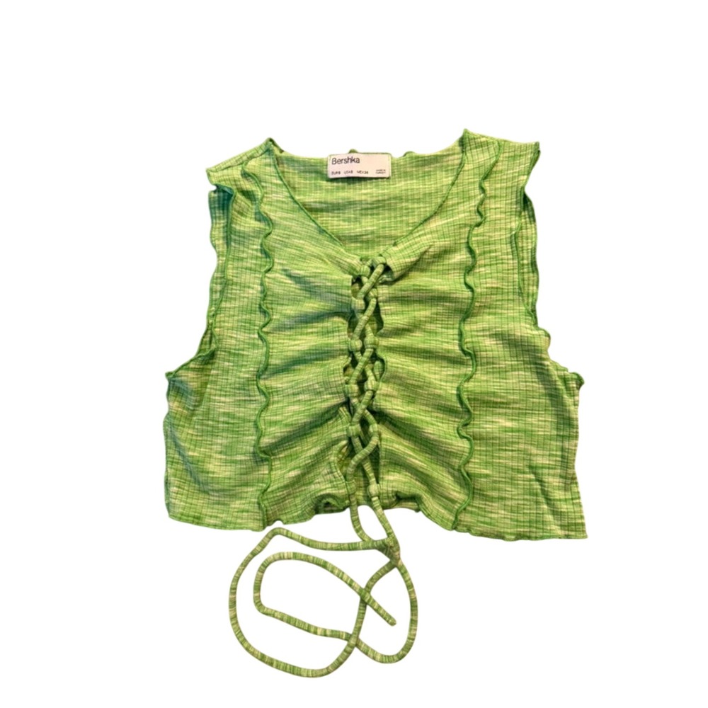 Bershka Green Space Dye Lace Up Front Lettuce Edge Ribbed Crop Tank Top Small